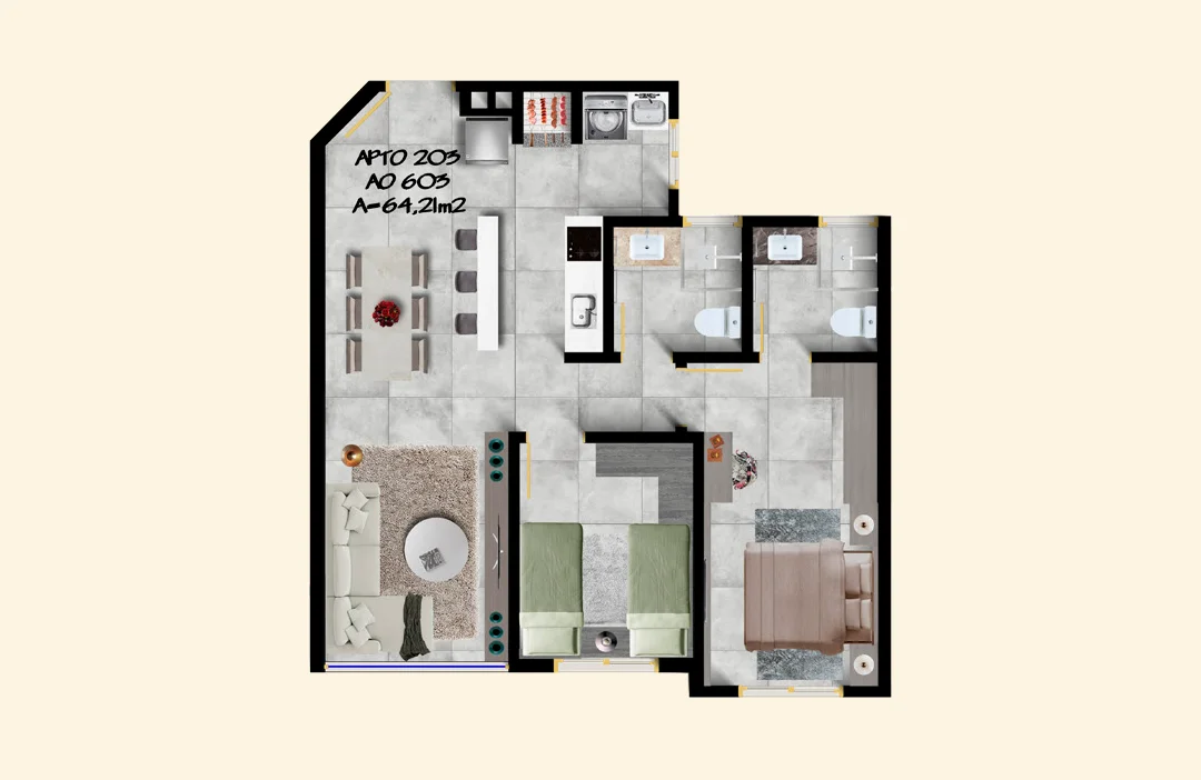 Planta baixa de 2 dormitórios com suíte