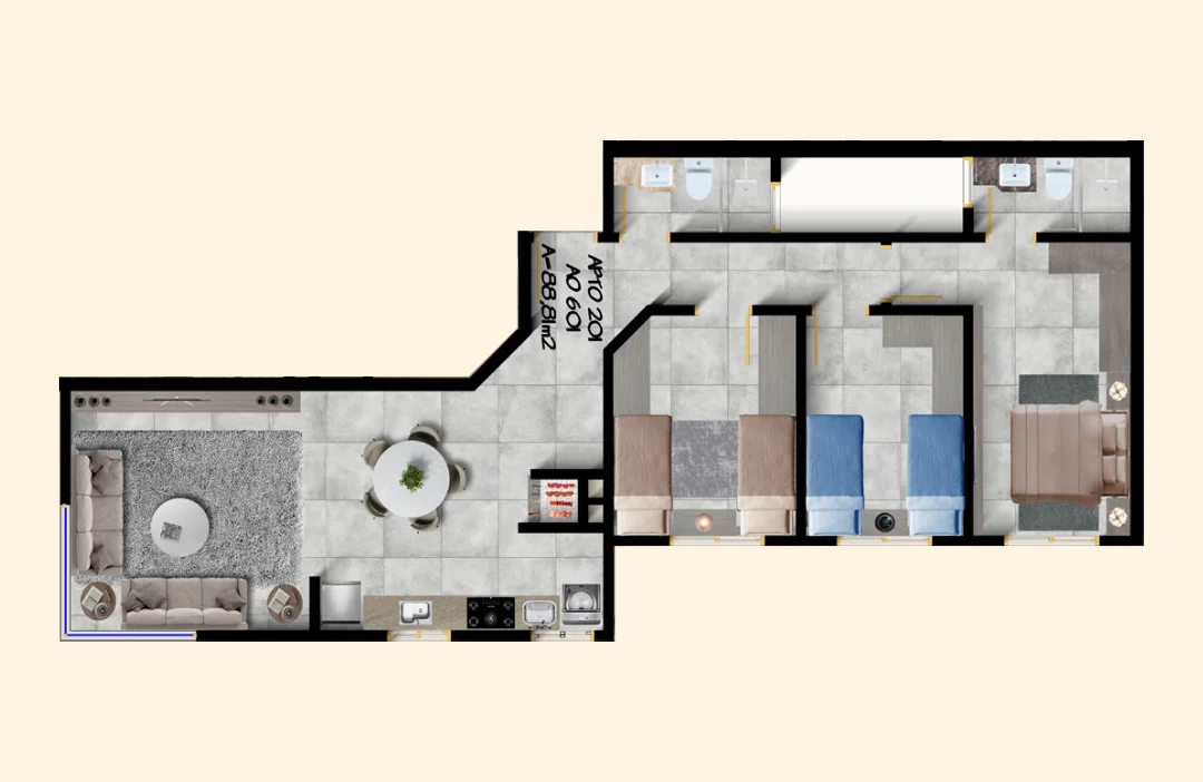 Planta baixa de 3 dormitórios com suíte e varanda