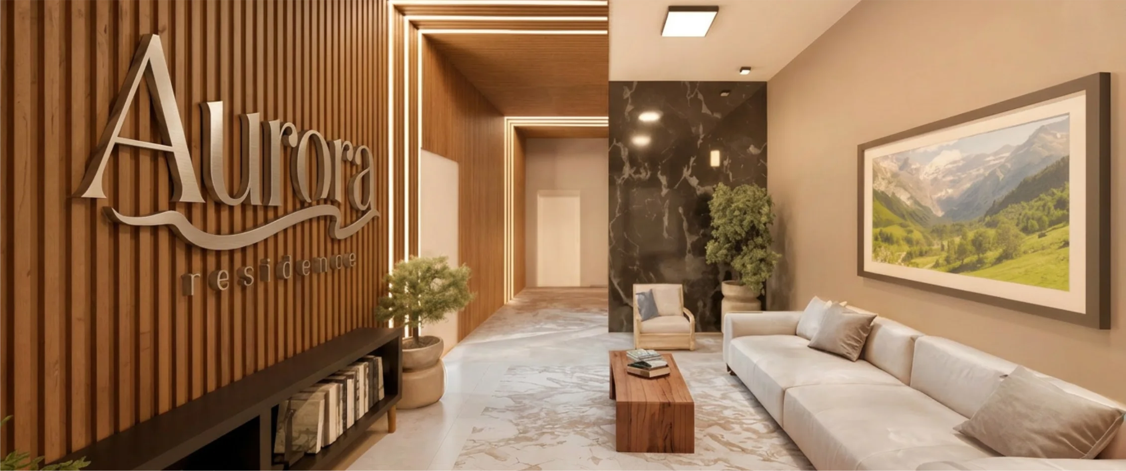 Saguão de entrada decorado em porcelanato e granito